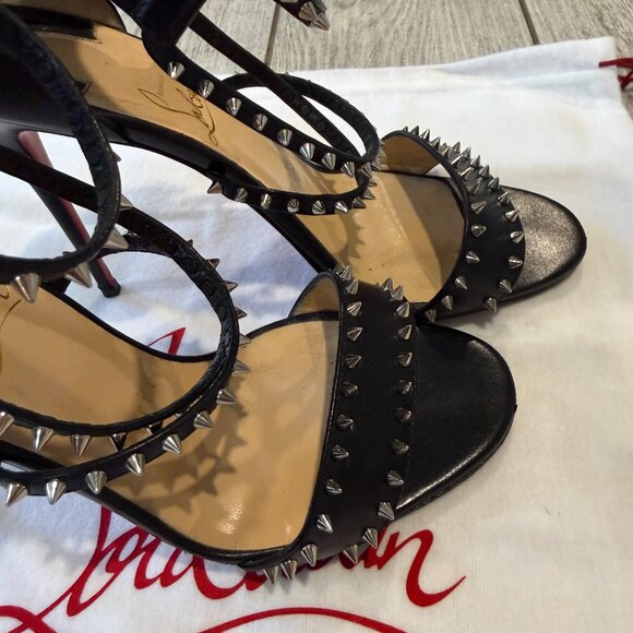 CHRISTIAN LOUBOUTIN Choca Spikes 100 Black Leather Sandals Size 7 IT 37 - Picture 10 of 11